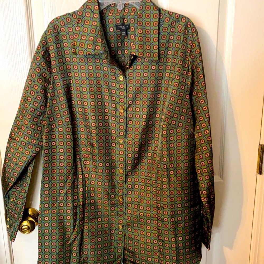 Talbots - size 14W - beautiful blouse! Pretty green w/ brown yellow pattern